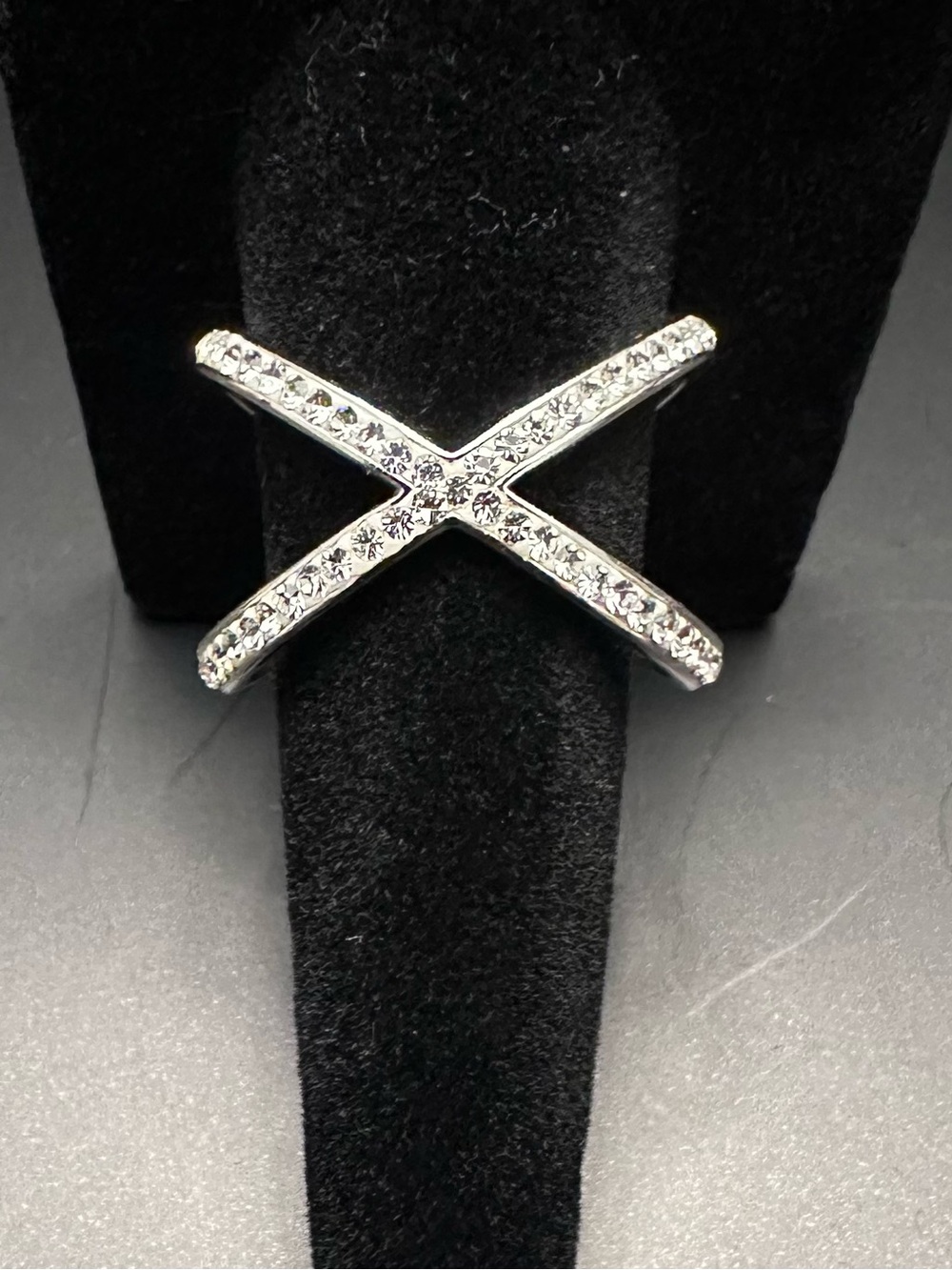 Silver Tone Criss Cross Rhinestone Ring Minimalist Statement Ring